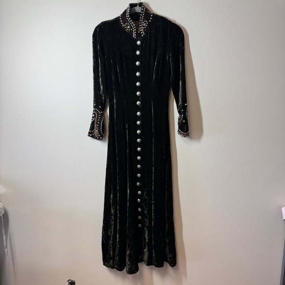 Vintage Double D Ranch Green Velvet Maxi Dress Western Pearl Snap Studded XS - Picture 2 of 16
